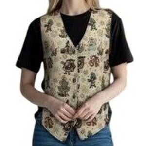 Vintage Bobbie Brooks Floral Tapestry Button Vest Burgundy Back Size Large